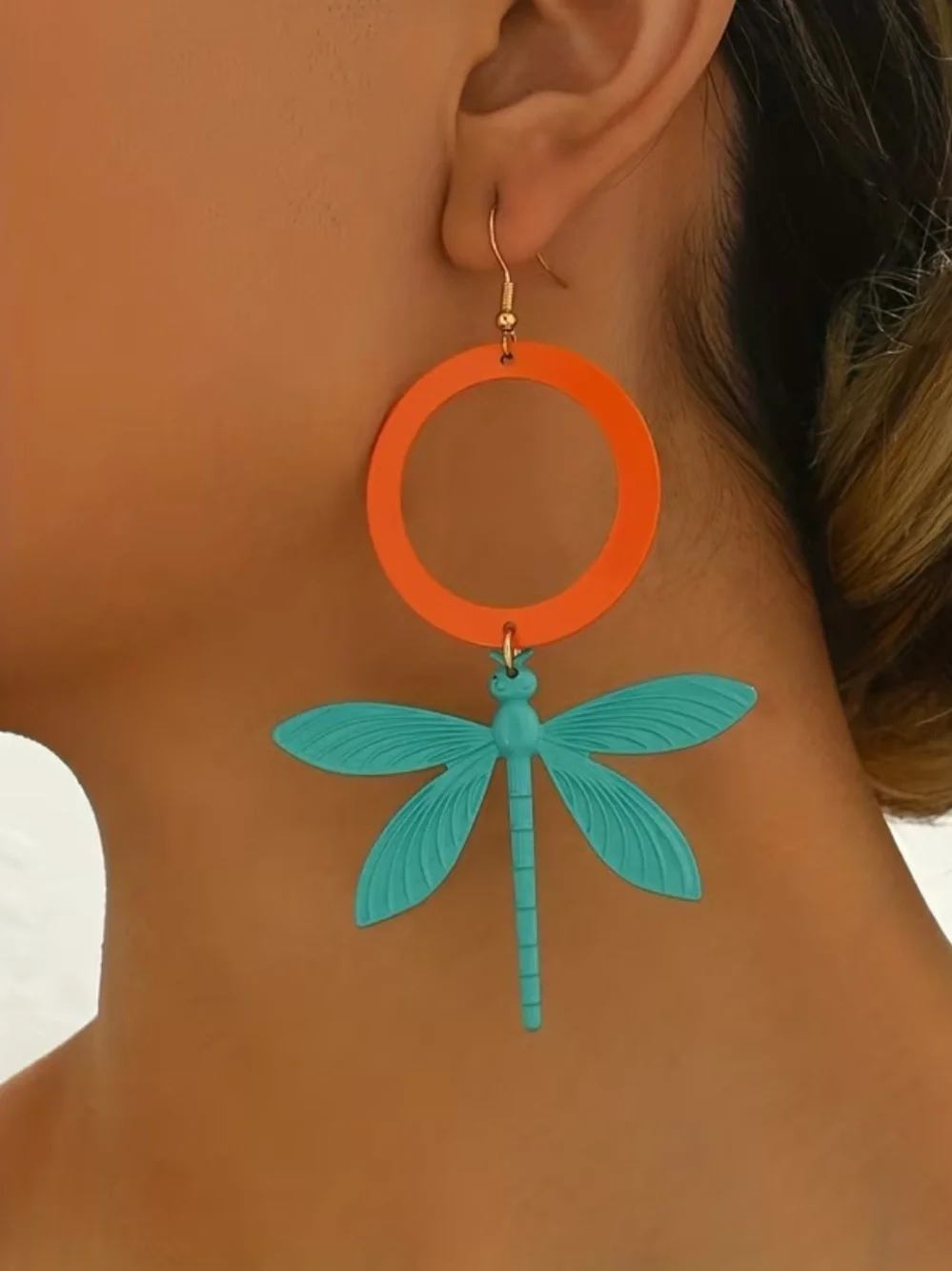 Turquoise Dragonfly Dangle Earrings with Orange Hoop